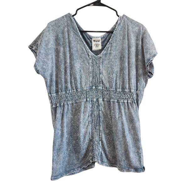 Vocal Gray Mineral Wash Short Sleeve Bedazzled Rhinestone Y2K Top Size Large - Picture 1 of 9